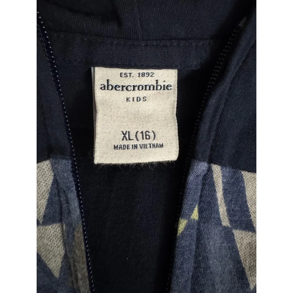 Abercrombie Kids Navy Blue Full Zip Cotton Blend Hoodie Geometric Pattern XL 16